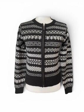 Vintage 90s SPIN Fair Isle Nordic Zip Sweater Black White Juniors M XS–S